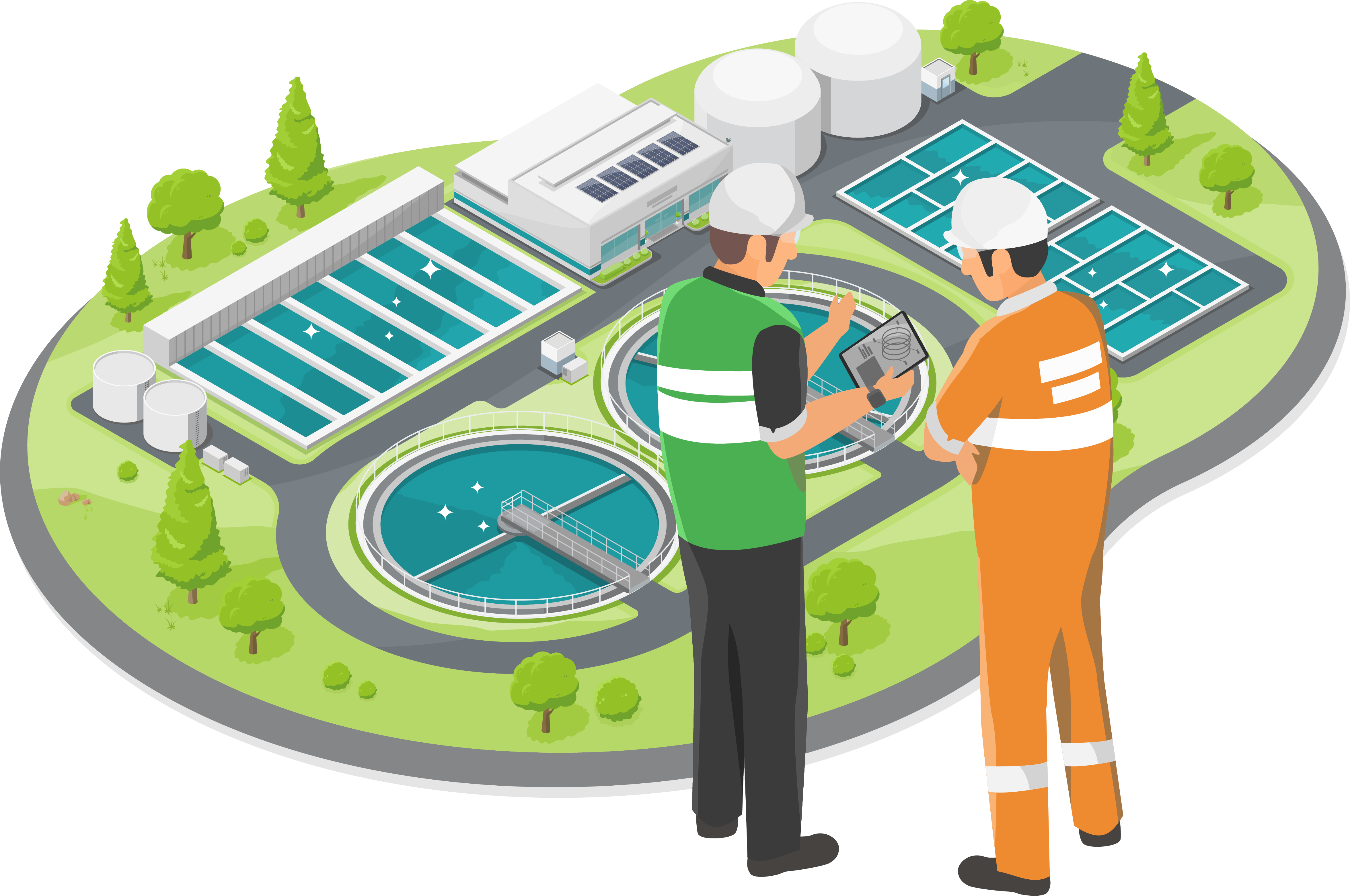 Illustration of land surveyors with equipment, mapping out land.